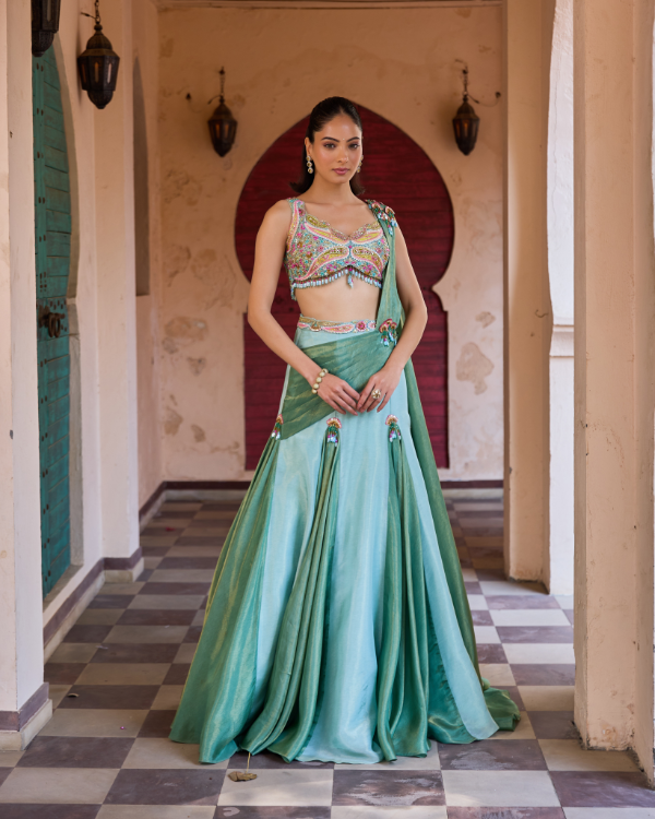 Mint Green Tissue Shimmer Lehenga Set with Hand Embroidered Blouse &amp; Sari Drape Palla