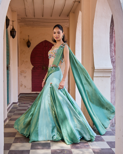 Mint Green Tissue Shimmer Lehenga Set with Hand Embroidered Blouse &amp; Sari Drape Palla