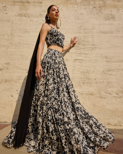 Monochrome Floral Chiffon Lehenga Set