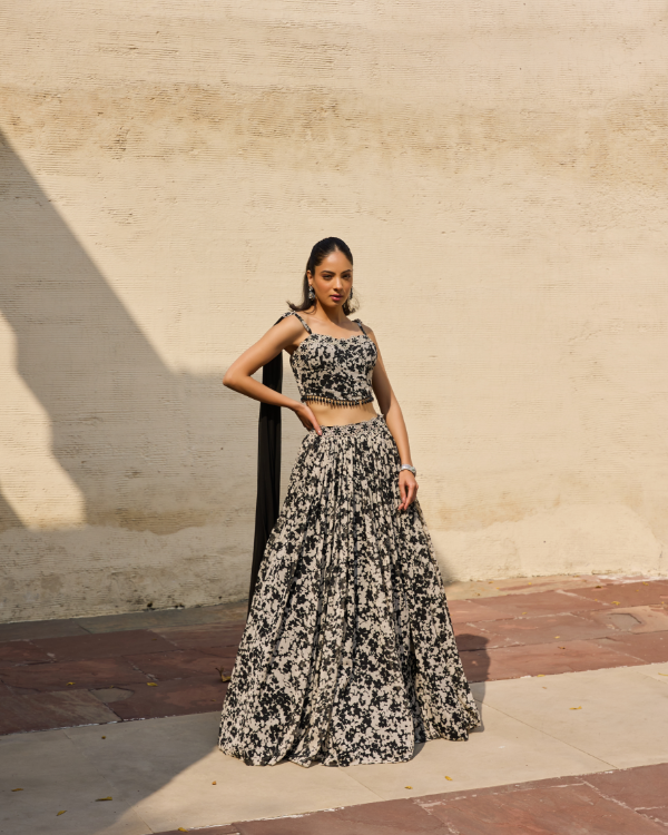 Monochrome Floral Chiffon Lehenga Set