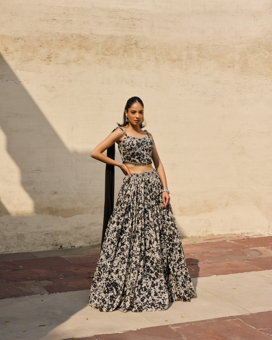 Monochrome Floral Chiffon Lehenga Set