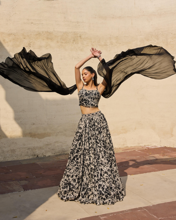 Monochrome Floral Chiffon Lehenga Set