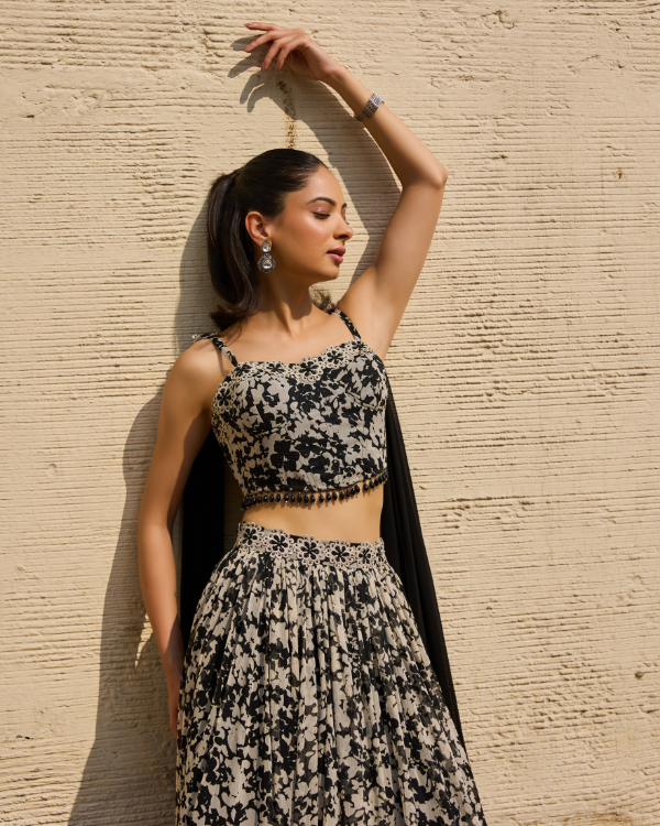 Monochrome Floral Chiffon Lehenga Set