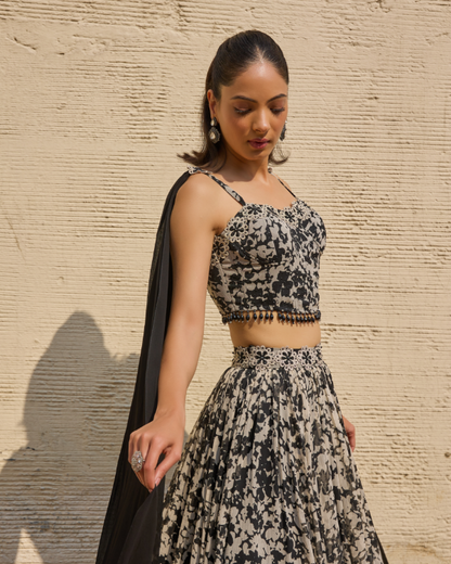 Monochrome Floral Chiffon Lehenga Set