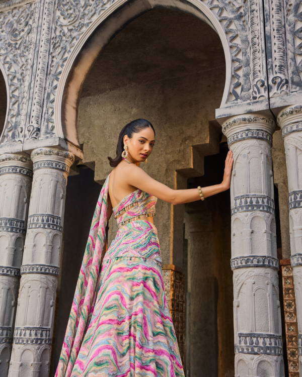 Multicolor Abstract Printed Lehenga Set with Hand-Embroidered Blouse and skirt belt.