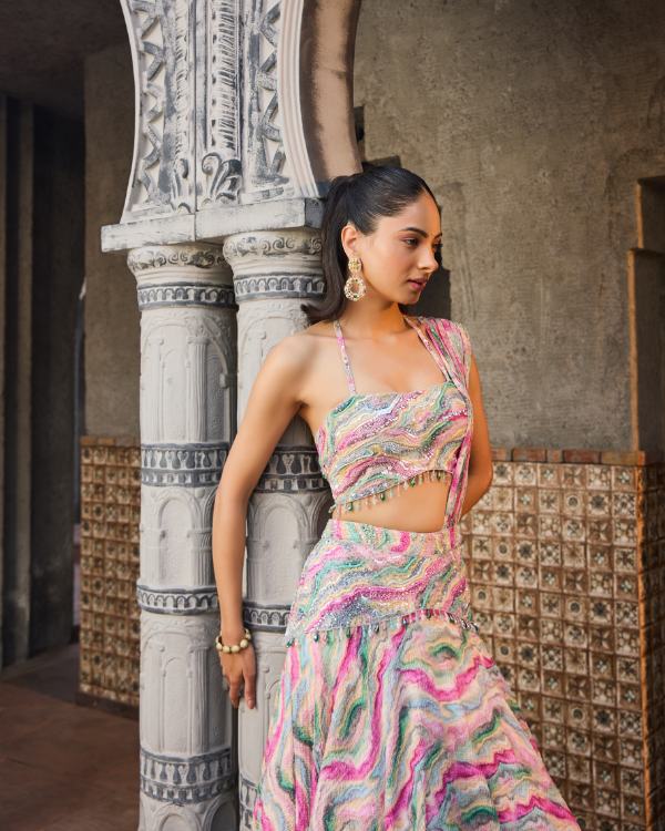 Multicolor Abstract Printed Lehenga Set with Hand-Embroidered Blouse and skirt belt.