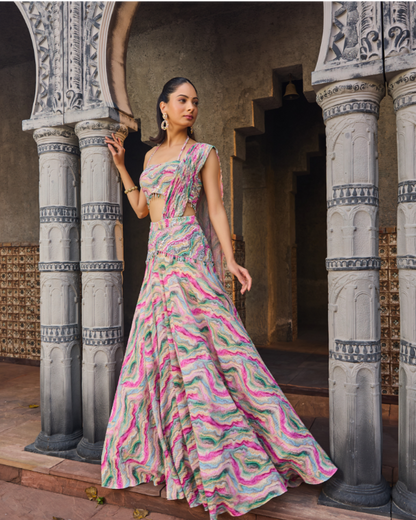 Multicolor Abstract Printed Lehenga Set with Hand-Embroidered Blouse and skirt belt.