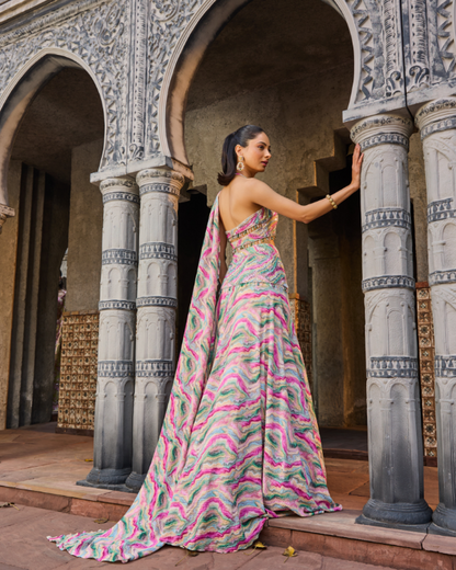 Multicolor Abstract Printed Lehenga Set with Hand-Embroidered Blouse and skirt belt.