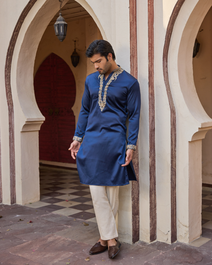 Navy Blue Satin Kurta Set with Hand Embroidered Collar & Placket