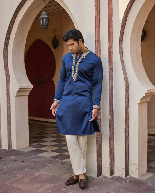 Navy Blue Satin Kurta Set with Hand Embroidered Collar & Placket