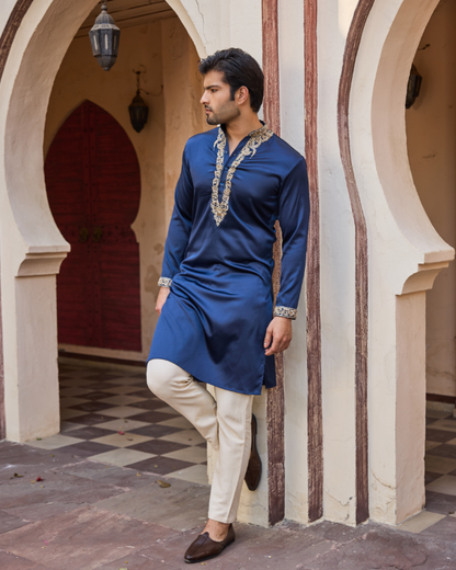 Navy Blue Satin Kurta Set with Hand Embroidered Collar & Placket