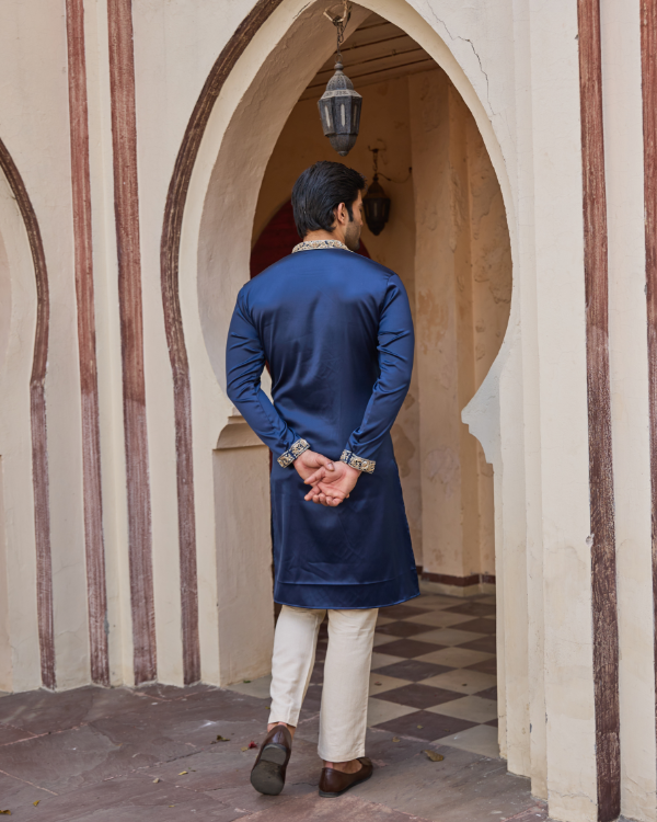 Navy Blue Satin Kurta Set with Hand Embroidered Collar & Placket