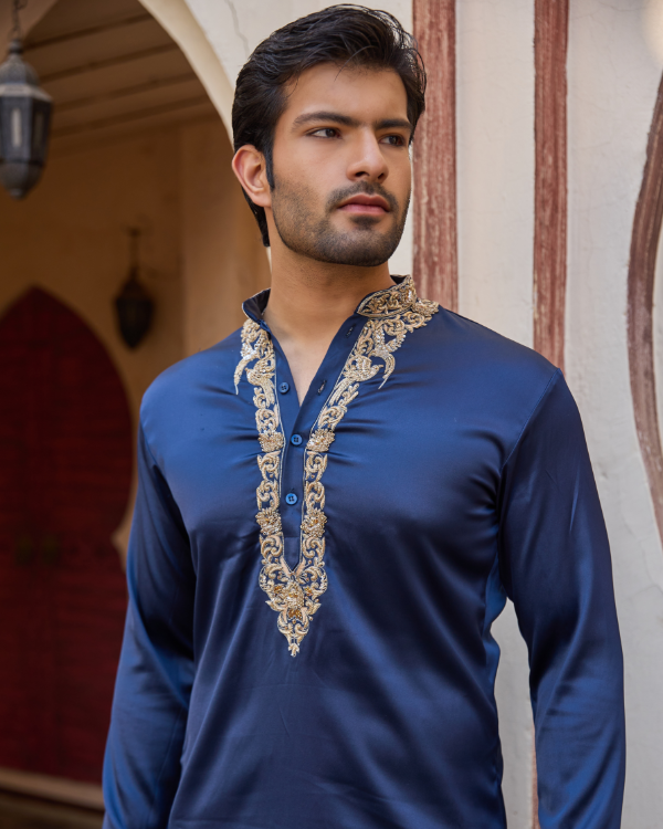 Navy Blue Satin Kurta Set with Hand Embroidered Collar & Placket