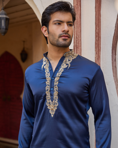Navy Blue Satin Kurta Set with Hand Embroidered Collar & Placket