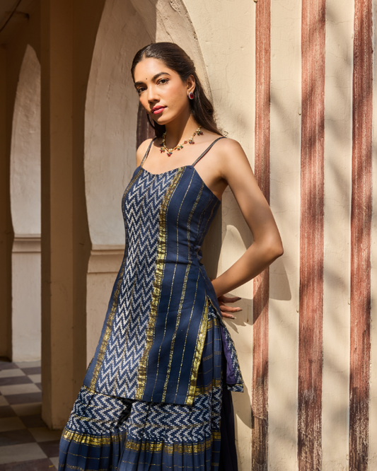 Navy Cotton Lurex Kurta Sharara Set with Georgette Dupatta