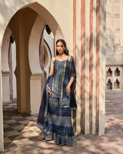 Navy Cotton Lurex Kurta Sharara Set with Georgette Dupatta