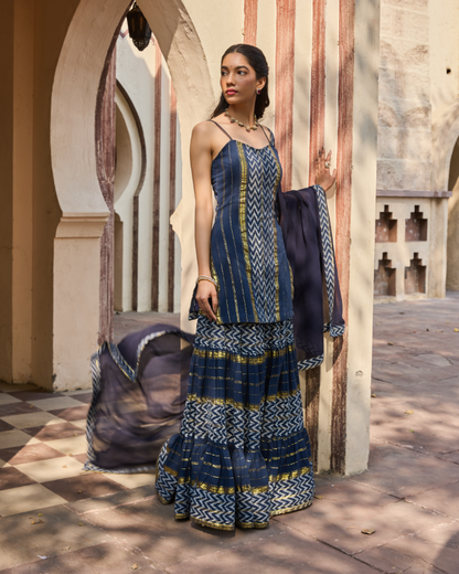 Navy Cotton Lurex Kurta Sharara Set with Georgette Dupatta