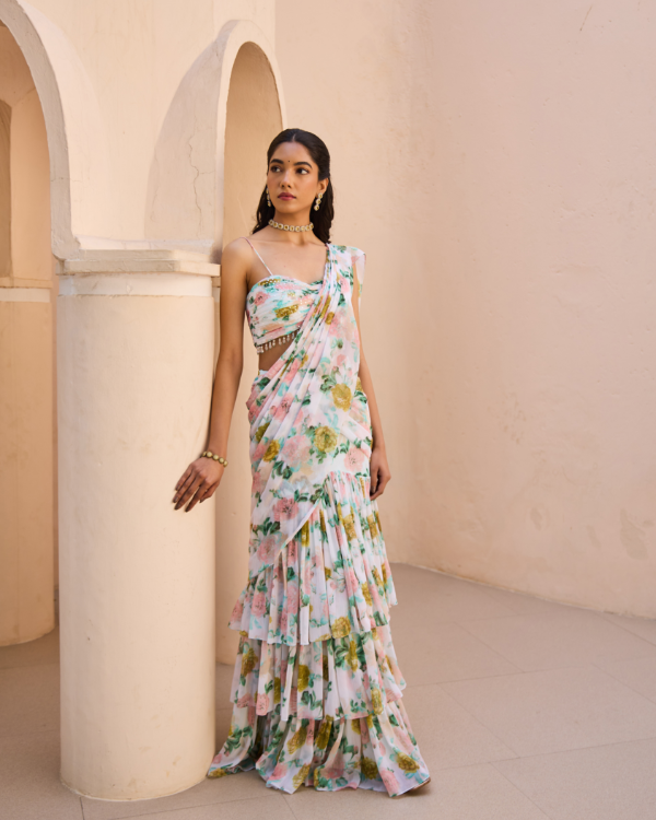 Pastel Floral Chiffon Drape Saree with Embellished Blouse