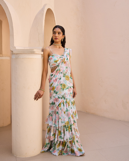 Pastel Floral Chiffon Drape Saree with Embellished Blouse