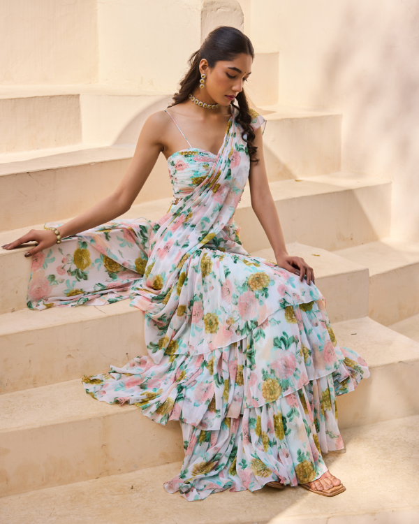 Pastel Floral Chiffon Drape Saree with Embellished Blouse
