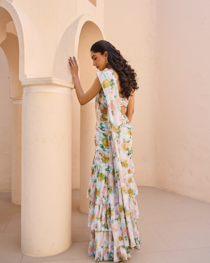 Pastel Floral Chiffon Drape Saree with Embellished Blouse