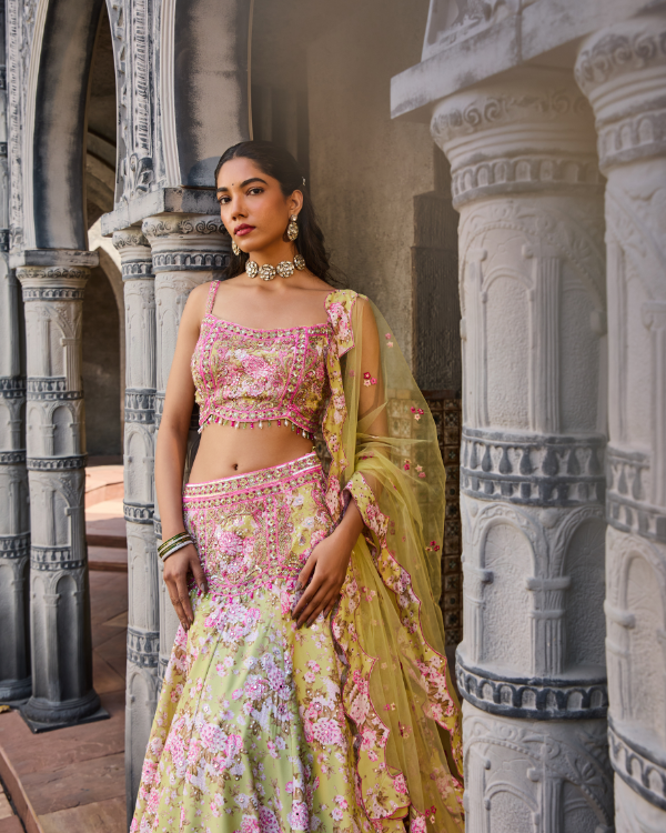 Pastel Green Floral Lehenga Set with Hand-Embroidered Blouse