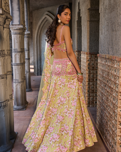 Pastel Green Floral Lehenga Set with Hand-Embroidered Blouse