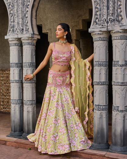 Pastel Green Floral Lehenga Set with Hand-Embroidered Blouse