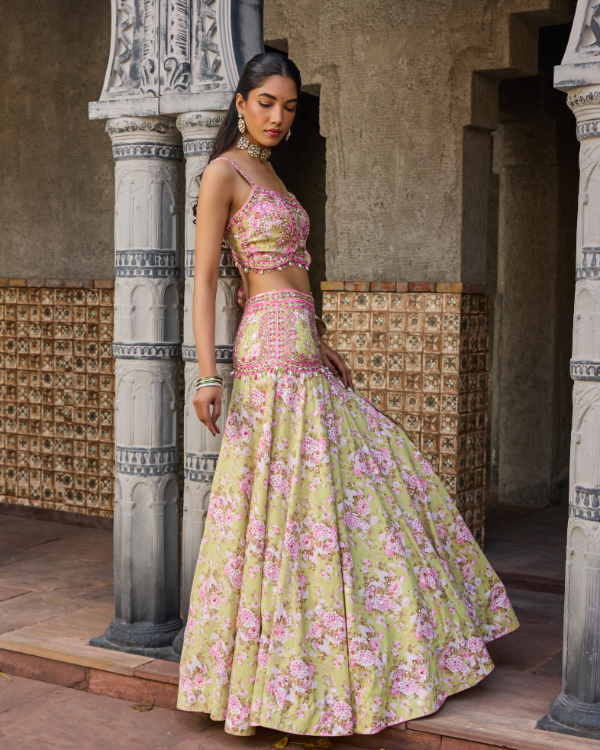 Pastel Green Floral Lehenga Set with Hand-Embroidered Blouse