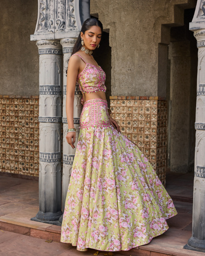 Pastel Green Floral Lehenga Set with Hand-Embroidered Blouse