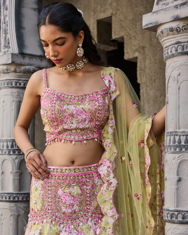 Pastel Green Floral Lehenga Set with Hand-Embroidered Blouse
