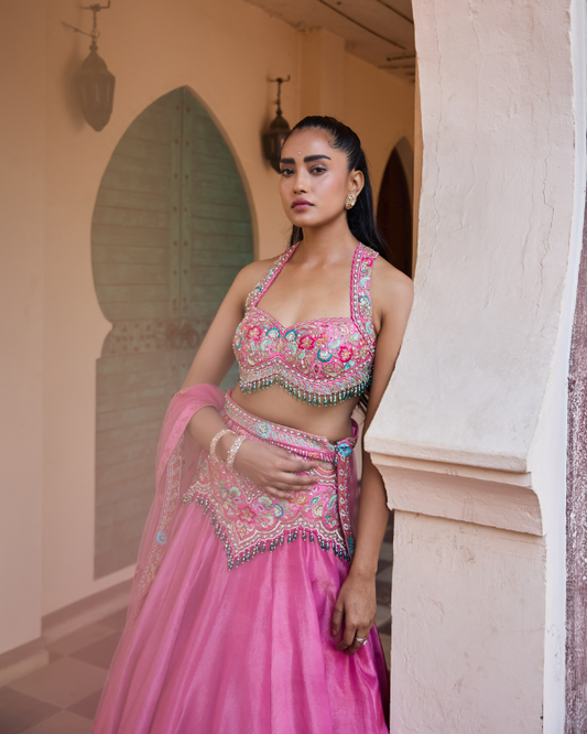 Pink Tissue Shimmer & Silk Lehenga Set with Hand Embroidered Blouse