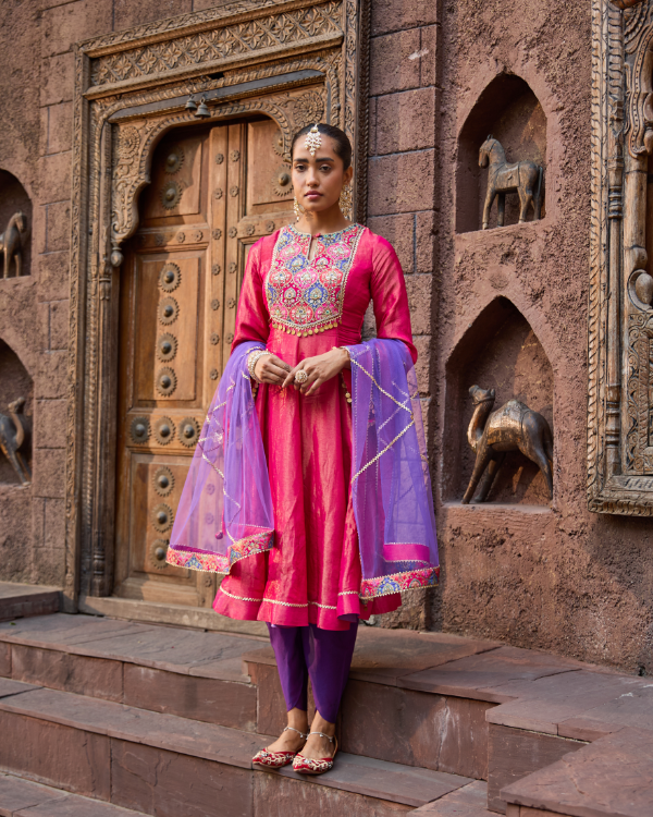 Pink Tissue Shimmer & Brocade Short Anarkali Set with Net Dupatta