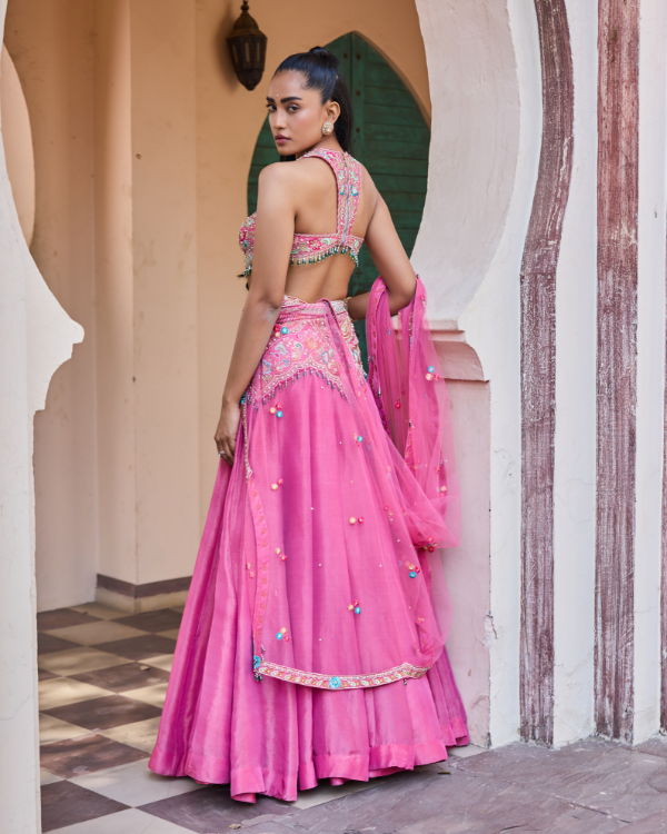 Pink Tissue Shimmer & Silk Lehenga Set with Hand Embroidered Blouse