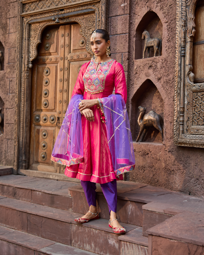 Pink Tissue Shimmer & Brocade Short Anarkali Set with Net Dupatta