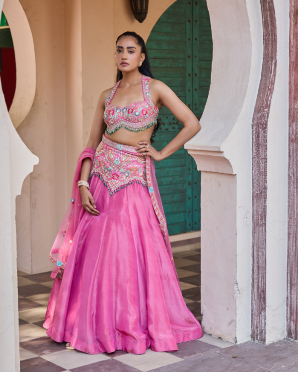 Pink Tissue Shimmer & Silk Lehenga Set with Hand Embroidered Blouse