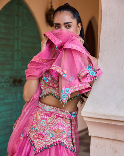 Pink Tissue Shimmer & Silk Lehenga Set with Hand Embroidered Blouse