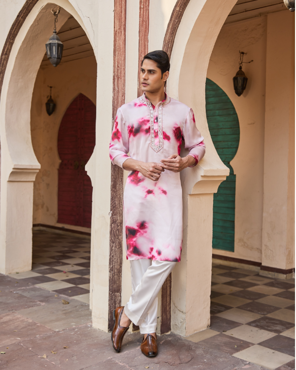 Pink & White Georgette Satin-Silk Men’s Kurta with Hand Embroidered Collar