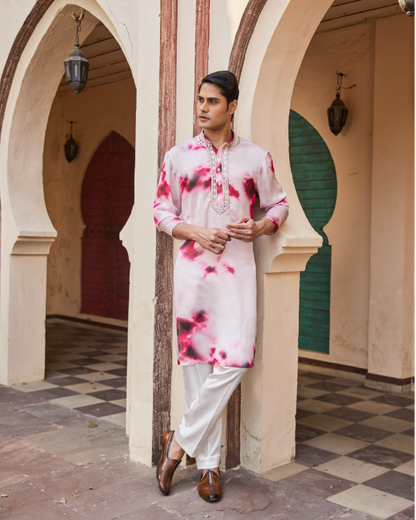 Pink & White Georgette Satin-Silk Men’s Kurta with Hand Embroidered Collar