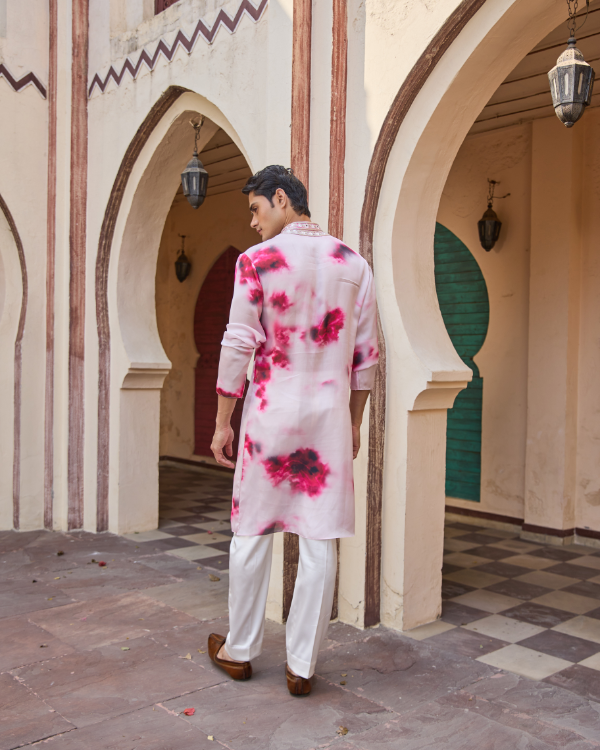 Pink & White Georgette Satin-Silk Men’s Kurta with Hand Embroidered Collar