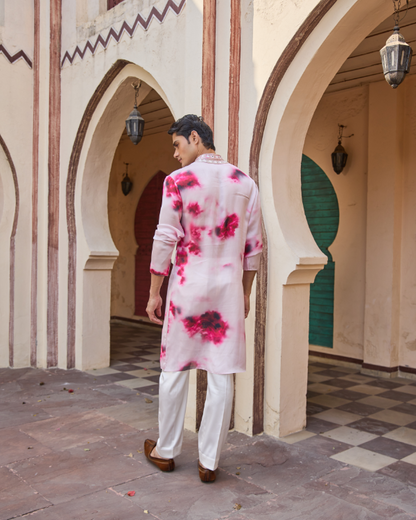 Pink & White Georgette Satin-Silk Men’s Kurta with Hand Embroidered Collar