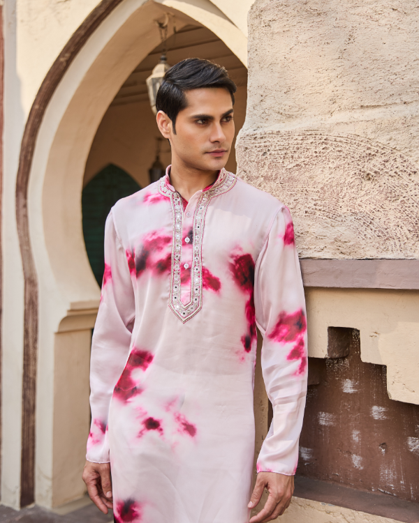 Pink & White Georgette Satin-Silk Men’s Kurta with Hand Embroidered Collar