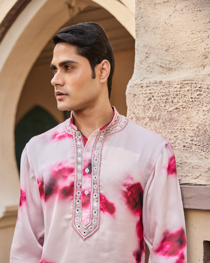 Pink & White Georgette Satin-Silk Men’s Kurta with Hand Embroidered Collar