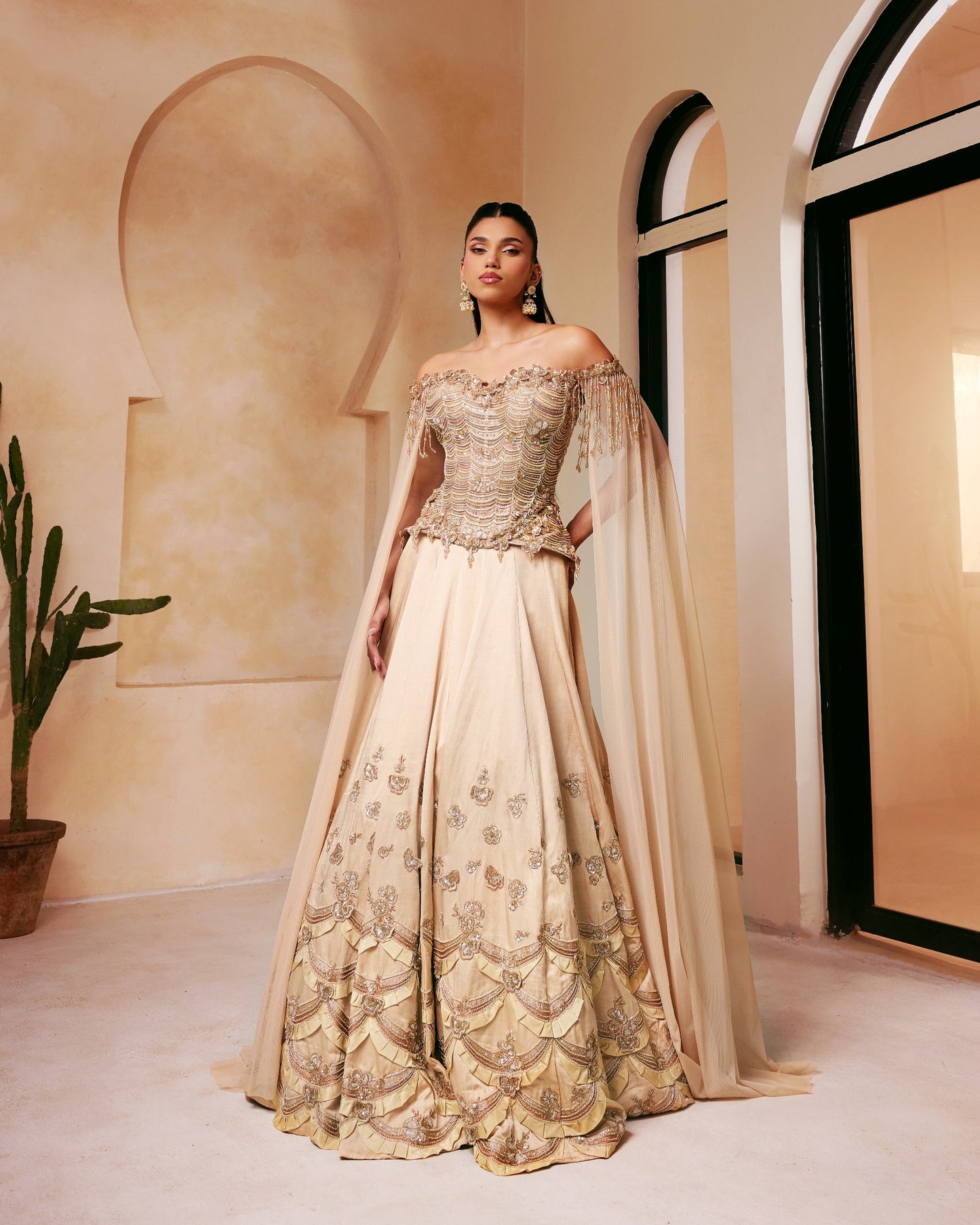Champagne Corset Lehenga with Cape