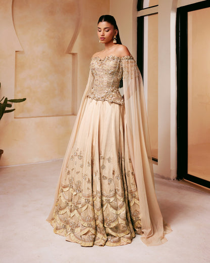 Champagne Corset Lehenga with Cape