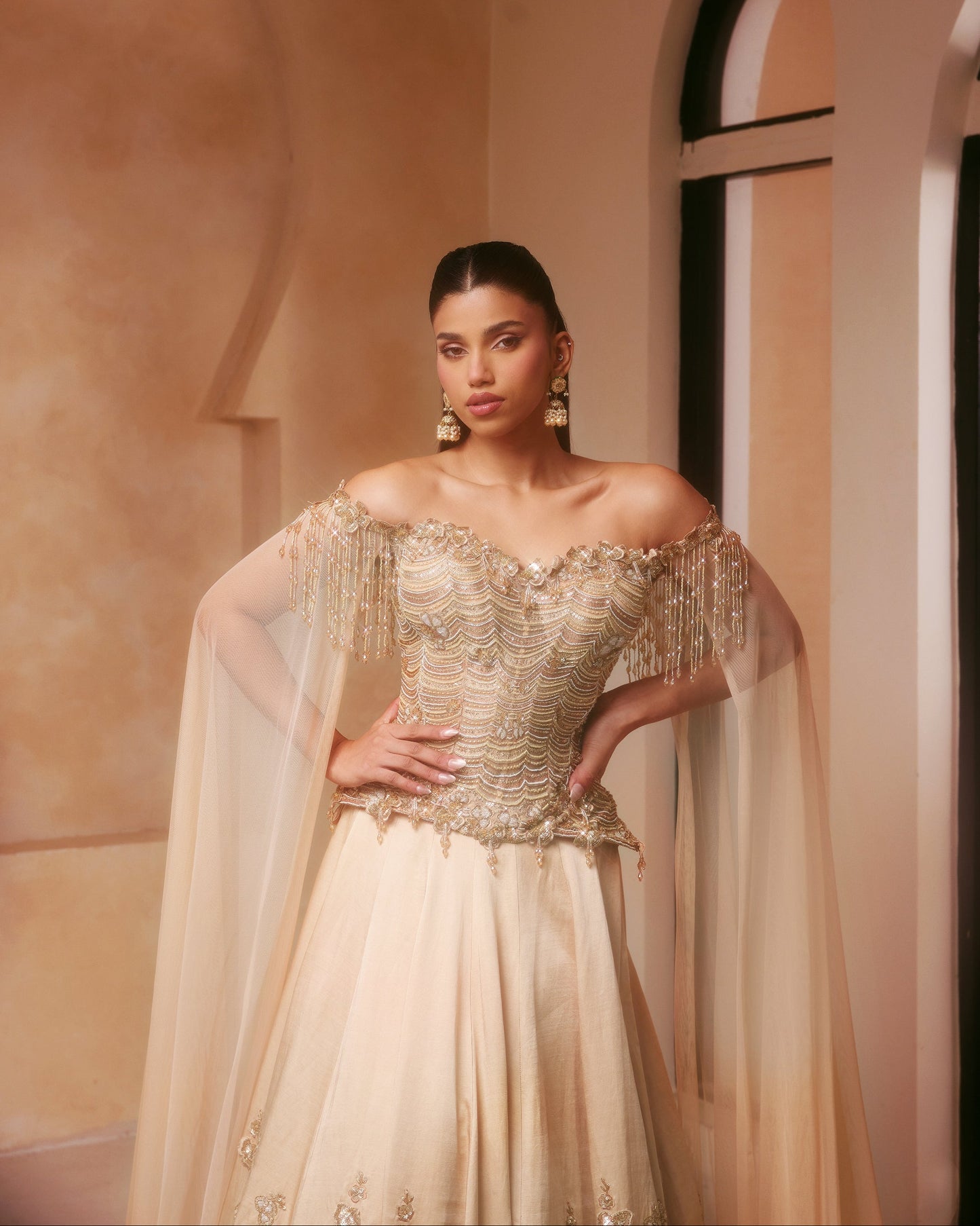 Champagne Corset Lehenga with Cape