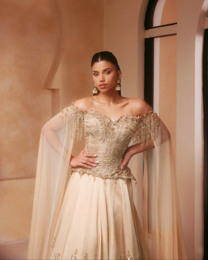 Champagne Corset Lehenga with Cape