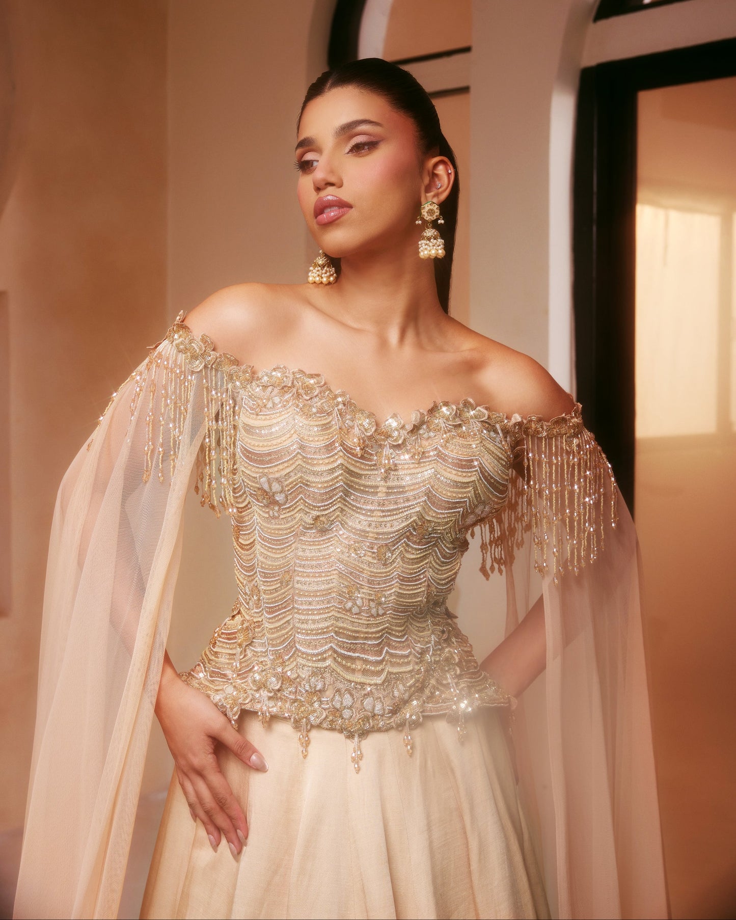 Champagne Corset Lehenga with Cape