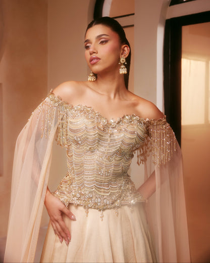 Champagne Corset Lehenga with Cape