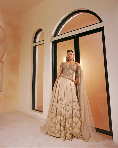 Champagne Corset Lehenga with Cape
